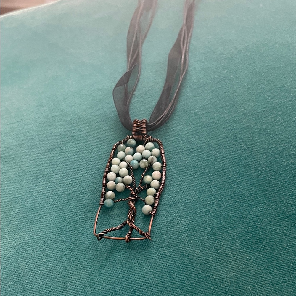 Handcrafted Tree Pendant Necklace with Blue Beads